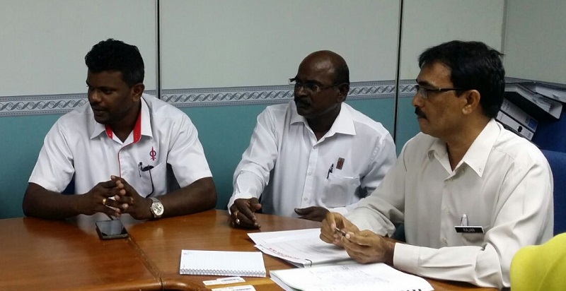 (From left) Nilai assemblyman J. Arul Kumar, Senawang assemblyman P. Gunasekaran and state Labour Department director S. Tharum Rajan at the meeting to sort out the unpaid salary issue. – Pic courtesy of J. Arul Kumar, March 11, 2016.