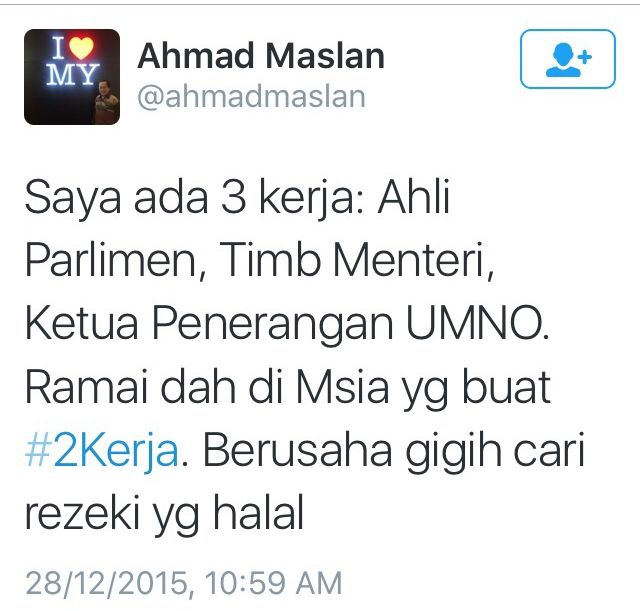 International Trade and Industry Deputy Minister Datuk Ahmad Maslan's tweet defending his earlier message on the social media site, advising Malaysians to take on a second job in order to earn more money. – Twitter screenshot pic, December 28, 2015.