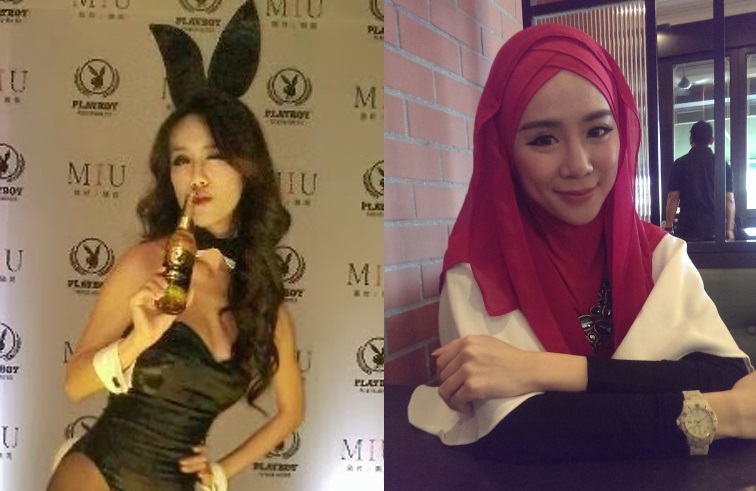 A picture from Felixia Yeap's blog showing her striking a sexy pose as a Playboy bunny (left) and looking sweet and demure in a hijab during the interview with The Malaysian Insider. -  December 14, 2013.