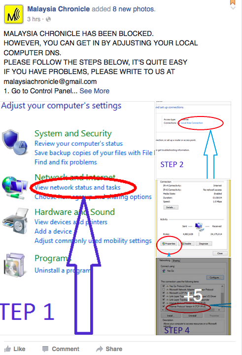 Malaysia Chronicle's instructions on how to navigate a website block which has been in place since noon yesterday. – Facebook screenshot, October 24, 2015.