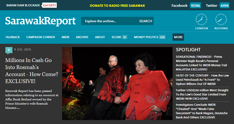 One of the more recent reports on whistleblower site Sarawak Report entailed how RM2 million in cash was alleged to have been deposited into Prime Minister Datuk Seri Najib Razak's wife, Datin Seri Rosmah Mansor's personal bank account in Affin Bank over a number of transactions earlier this year. The site has now been made inaccessible from Malaysia. – Screenshot pic from SarawakReport.org, July 19, 2015.